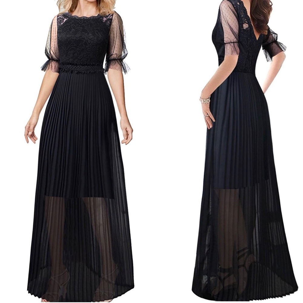 Pleated Lace Chiffon Formal Evening Casual Maxi A-Line black Dress